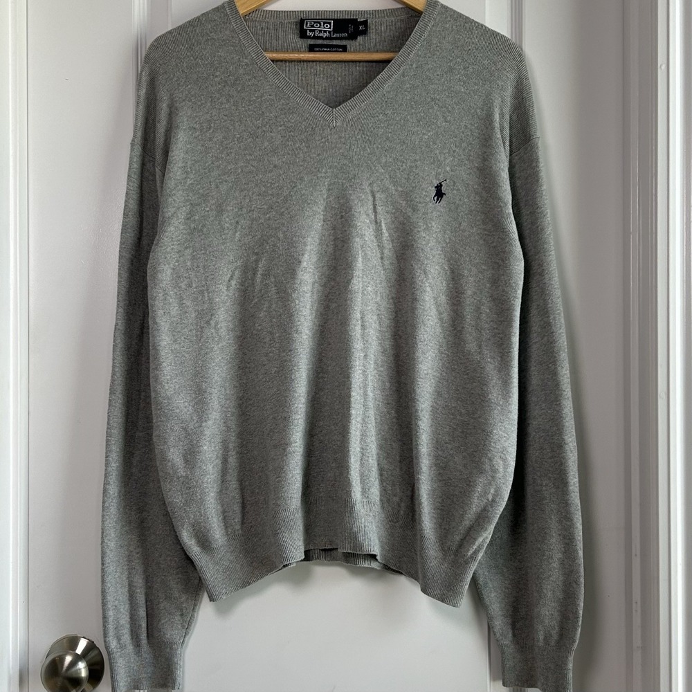 Polo Ralph Lauren 100% Pima Cotton Gray V-Neck‎ Pullover Sweater Old Money Style